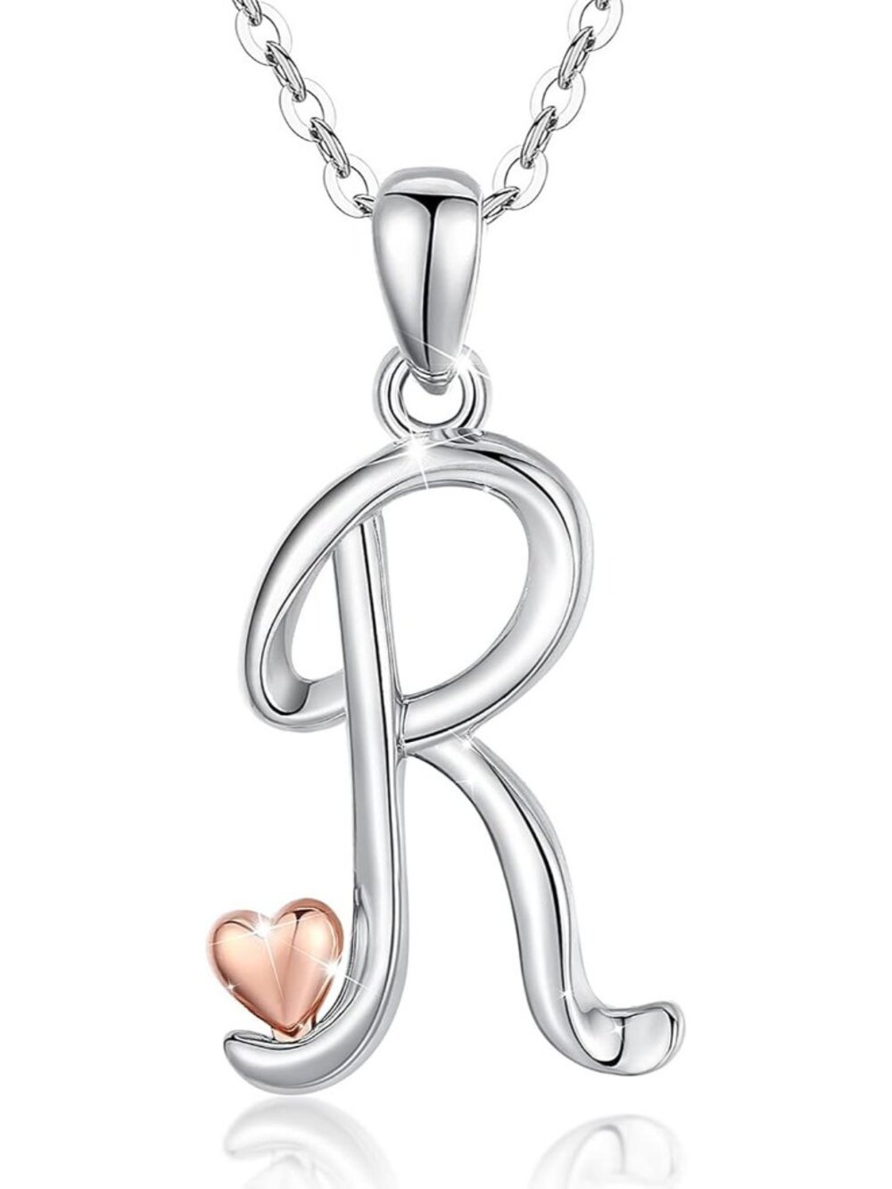 Women's Initial R Necklace Sterling Silver Letter Pendant Rose Gold Heart Chain